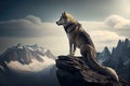 elegant wolf sits atop rocky mountain peak, surveying its territory