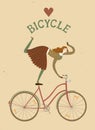 Elegant woman cyclist old style cartoon illustration