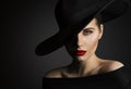 Elegant Woman Face Portrait hidden by Black Hat. Beauty Fashion Model with Red Lips and Eye Make up over dark Gray Background