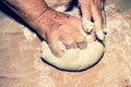 Elegant woman hands kneading and massaging homemade bread dough Royalty Free Stock Photo