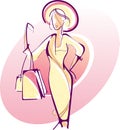 An elegant woman in a hat walks through the shops