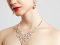 Elegant woman with jewelry. Beautiful woman with diamond necklace. Young beauty model with diamond pendant and earrings Royalty Free Stock Photo