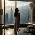 Woman looking out from hotel window onto the view of Hong Kong.