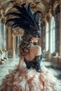Elegant Woman in Luxurious Feather Mask and Voluminous Dress at Grandiose Baroque Style Palace Interior