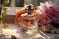 woman perfume nature aroma flower smell glass cosmetic fragrance bottle scent. Generative AI. Royalty Free Stock Photo