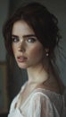 Elegant woman portrait dark haired lady in low bun hairstyle with subtle makeup and pearl earrings