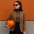 Elegant woman with pumpkin in front of orange wall Royalty Free Stock Photo