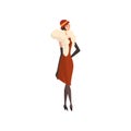 Elegant Woman in Red Retro Dress, Black Stockings, Gloves and Fur Boa, Beautiful Flapper Girl of 1920s, Art Deco Style