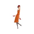 Elegant Woman in Red Retro Dress, Hat, Stockings and Gloves, Beautiful Flapper Girl of 1920s, Art Deco Style Vector