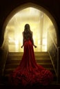 Elegant Woman Silhouette in Long Red Gown, Lady Back Rear View