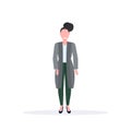 Elegant woman standing pose smiling brunette lady office worker female cartoon character full length flat white Royalty Free Stock Photo