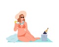 Elegant woman wearing fashion bikini swimwear sunbathing drinking alcoholic beverage on beach Royalty Free Stock Photo