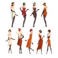 Elegant Women in Retro Dresses, Black Stockings and Gloves Set, Beautiful Flapper Girls of 1920s, Art Deco Style Vector Royalty Free Stock Photo