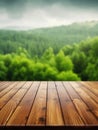 Elegant Wood Table Mockup: Summer Rain Enhancing Green Landscape Beauty