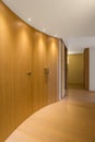 Elegant wooden corridor with spotlights in modern apartment