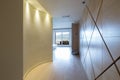 Elegant wooden corridor with spotlights in modern apartment