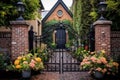 elegant wrought iron gate in front of classic brick wall