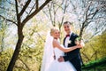 Elegant young happy wedding couple is sitting at green grass on Royalty Free Stock Photo