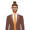 Elegant young man in business suit. Wearing Glasses with man bun hairstyle Royalty Free Stock Photo