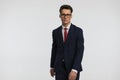 Elegant young man wearing navy blue suit with red tie and eyeglasses Royalty Free Stock Photo