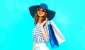 Elegant young smiling woman wearing a shopping bags, straw hat Royalty Free Stock Photo