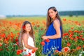 Elegant young woman with child girl in poppy field, happy family having fun in nature, summer time Royalty Free Stock Photo