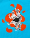 Elegant young woman and man in stylish clothes cheerfully dancing over blue background. Contemporary art collage.