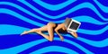 Elegant young woman with slim body and computer monitor against wavy blue background. Journalism. Contemporary art