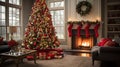 Elegant Yuletide Charm: Cozy Christmas Room Adorned with Red and Gold Decorations