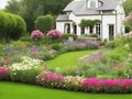 Elegante white house with a gray roof and a big front yard garden