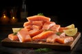 Elegantly arranged smoked salmon slices on a charming rustic wooden serving board
