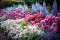 Elegantly cared for flower bed, white, pink and blue petals of flowers, sunshine falling in. Flowering flowers, a symbol of spring