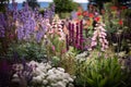 Elegantly cared for flower bed, white, pink and blue petals of flowers, sunshine falling in. Flowering flowers, a symbol of spring