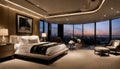 Elegantly comfortable bedroom with nighttime view