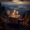Elegantly decorated table and chairs overlooking the mountain ranges and the lake, candles lit on the table Royalty Free Stock Photo
