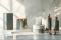 Elegantly designed toiletry containers with golden details displayed on a chic marble surface