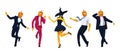 Elegantly dressed in evening dress, pumpkin jack o lantern and adorable witch dance in variable poses Royalty Free Stock Photo