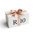 Elegantly gift-wrapped box with a ribbon and r10 label Royalty Free Stock Photo