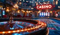 Elegantly lit CASINO neon sign over a roulette table with a spinning wheel in a luxury gambling establishment, evoking the thrill Royalty Free Stock Photo