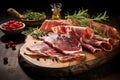 Elegantly presented, thinly sliced jamon on a rustic board, showcasing succulent texture and rich, savory hues