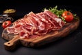 Elegantly presented, thinly sliced jamon on a rustic board, showcasing succulent texture and rich, savory hues