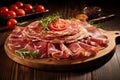 Elegantly presented, thinly sliced jamon on a rustic board, showcasing succulent texture and rich, savory hues