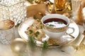 Elegantly served Christmas Eve red borsht with dumplings Royalty Free Stock Photo