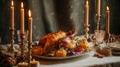 Festive table with roasted turkey and candlesticks, Thanksgiving or Christmas, traditional dÃÂ©cor Royalty Free Stock Photo