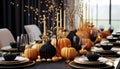 Elegantly set table with small pumpkins candles, smudged background. Pumpkin as a dish of thanksgiving for the harvest Royalty Free Stock Photo