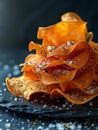 Elegantly stacked sweet potato chips seasoned with coarse sea salt and black pepper, presented on a slate background Royalty Free Stock Photo