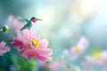 Elegantly vibrant hummingbirds in flight, skillfully targeting the colorful essence of flower nectar