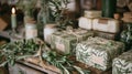 Elegantly wrapped gift box with green ribbon on a festive table setting Royalty Free Stock Photo