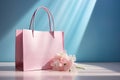 Eleglance and minimal pink shopping bag on blue background, Valentine surprise offer promotion concept.