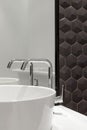 Element of bathroom interior with white sink and large mirror. New wash basin and black hexagonal tiles tile Royalty Free Stock Photo